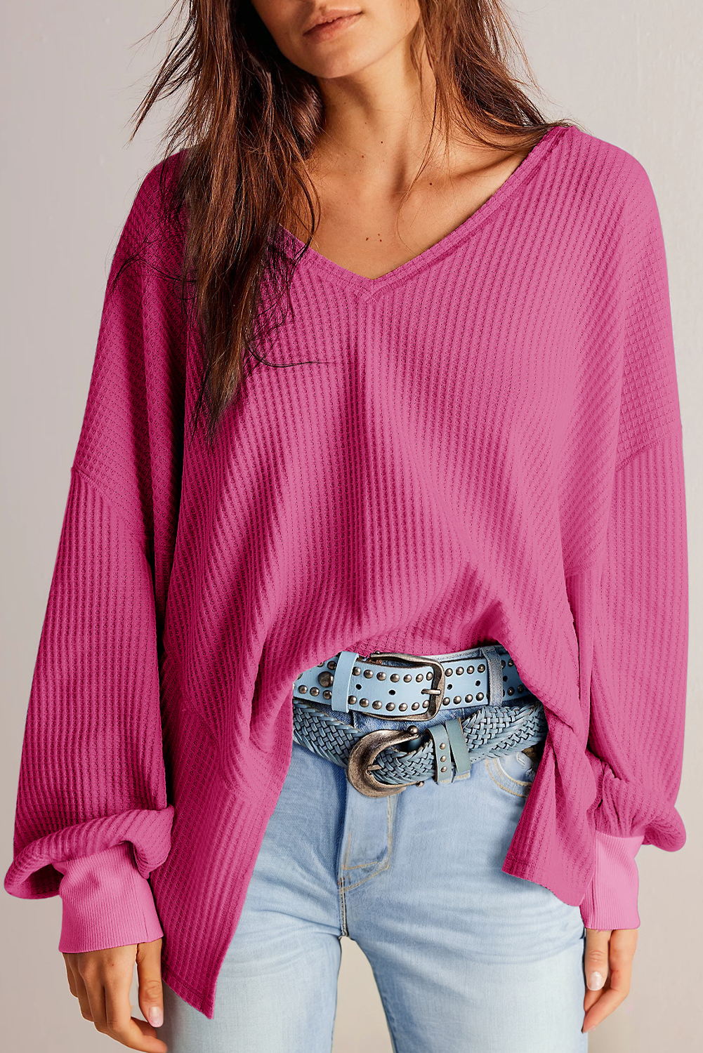 Light Pink Waffle V Neck Long Sleeve Drop Shoulder Loose Blouse
