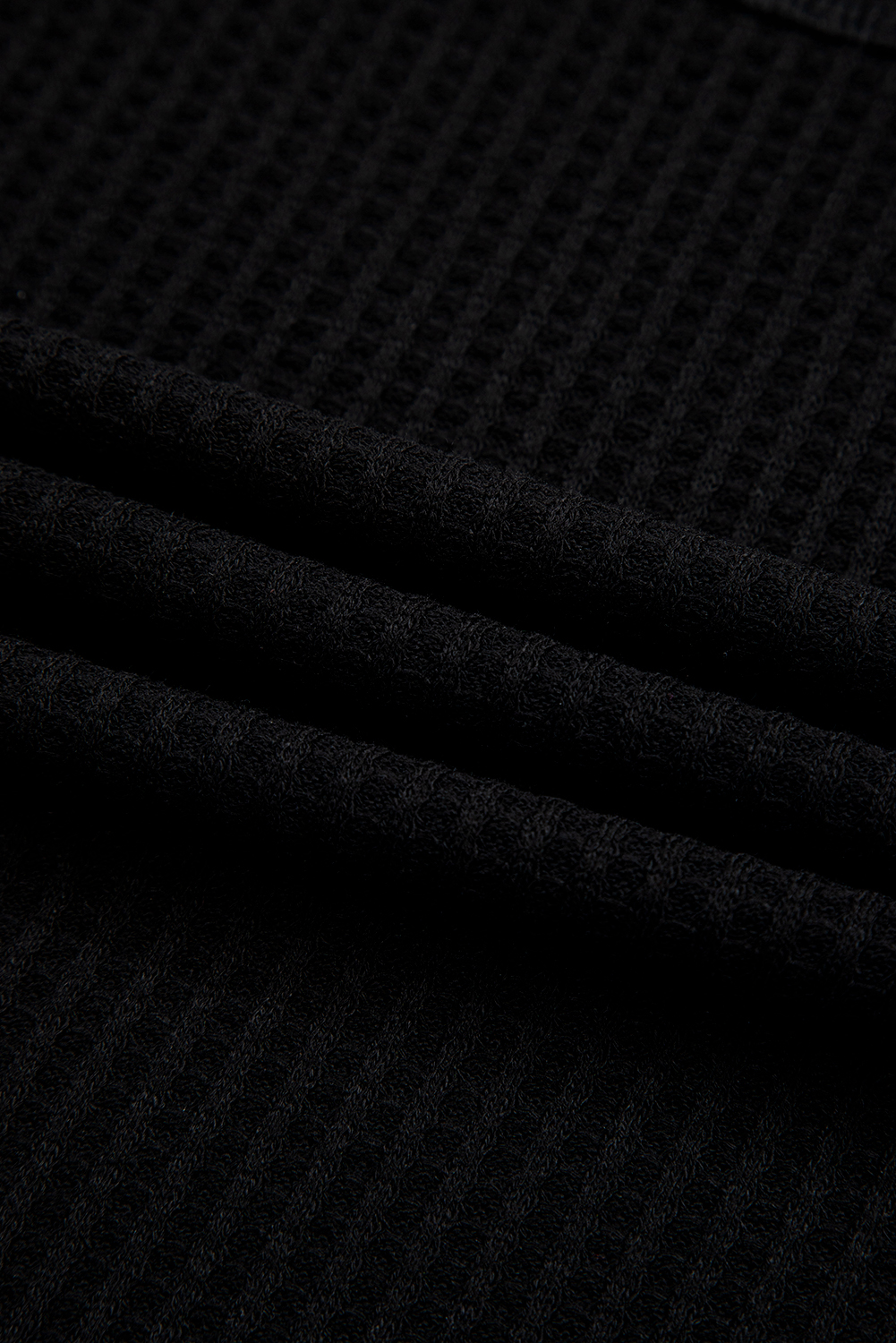 Black Waffle Texture Ribbed V Neck Drop Shoulder Loose Tee