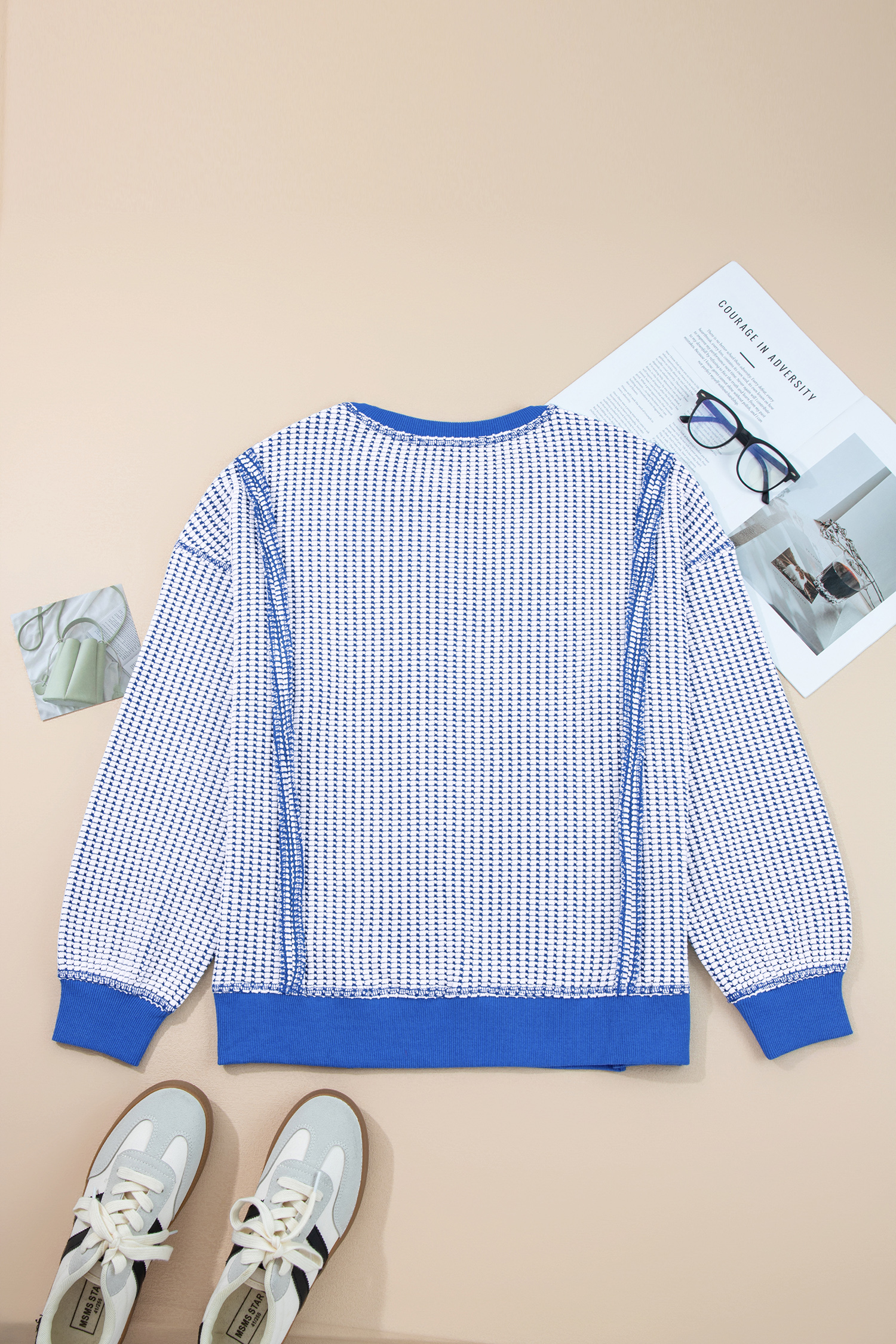 Dark Blue Waffle Knit Exposed Stitching Casual Top with Side Slits