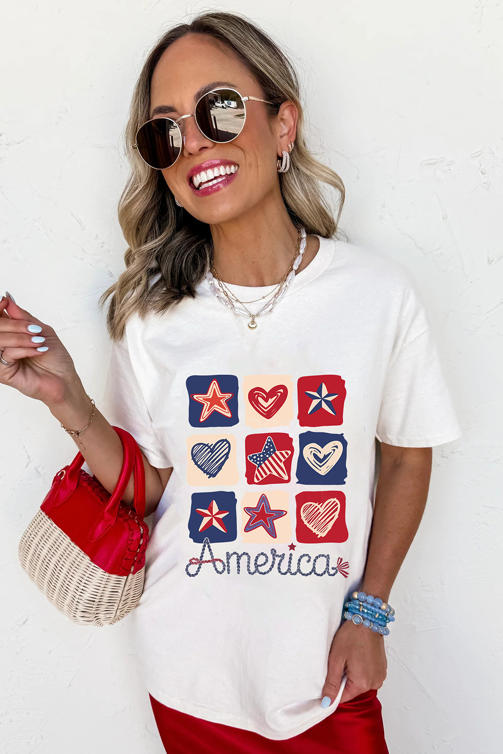White American Heart Star Checkered Graphic Tee