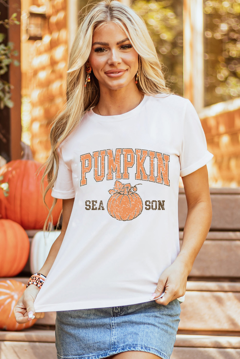 White PUMPKIN SEASON Cracking Printed Cotton Blend T Shirt