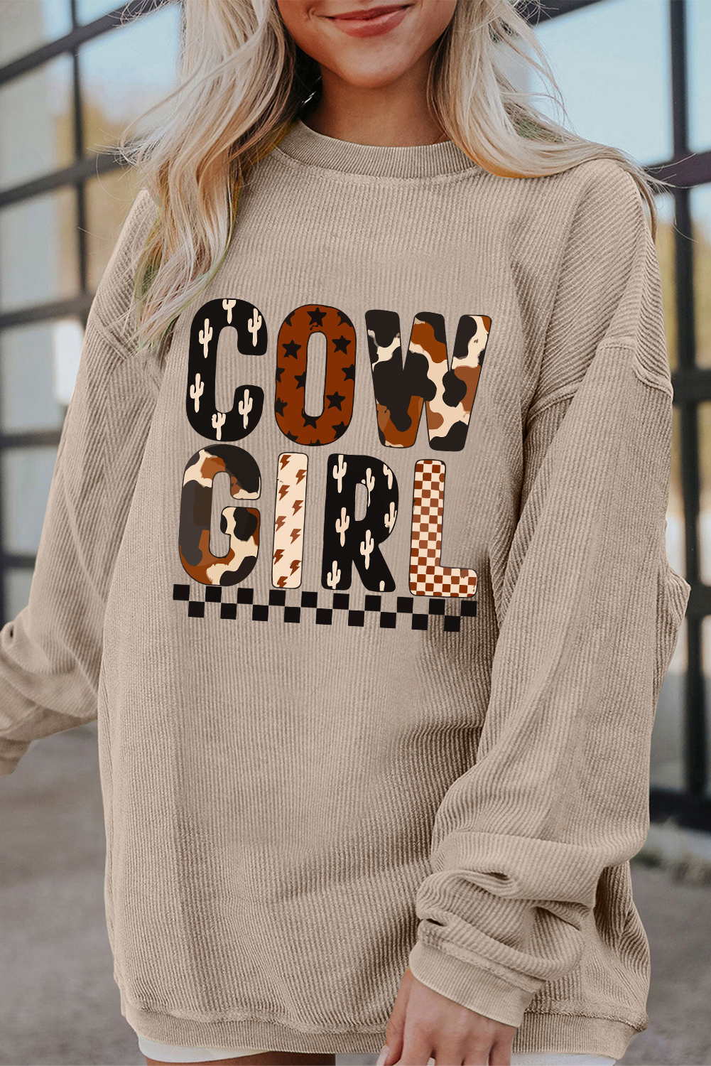 Smoke Gray Western Cowgirl Graphic Corduroy Baggy Sweatshirt