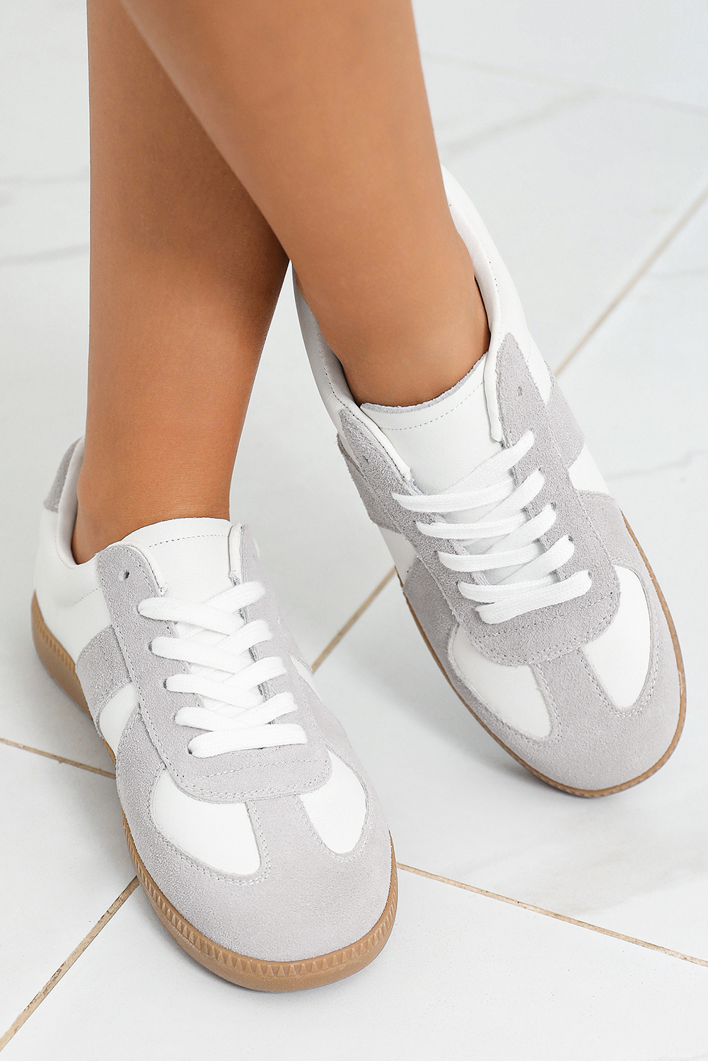 Beige PU Leather Suede Patched Lace-up Flat Shoes