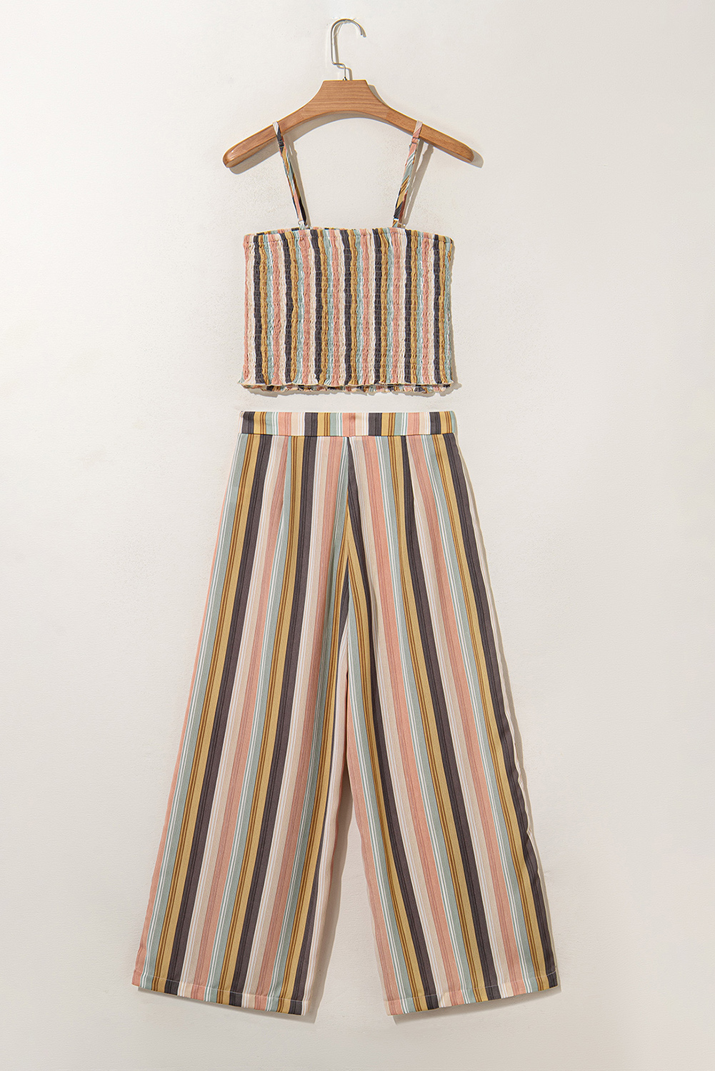 Multicolour Vertical Striped Smocked Cami Top Wide Leg Pants Set