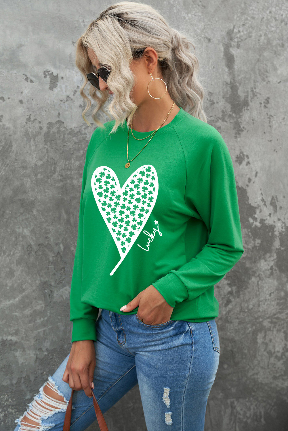 Green St. Patricks LUCKY Clover Print Raglan Sleeve Sweatshirt