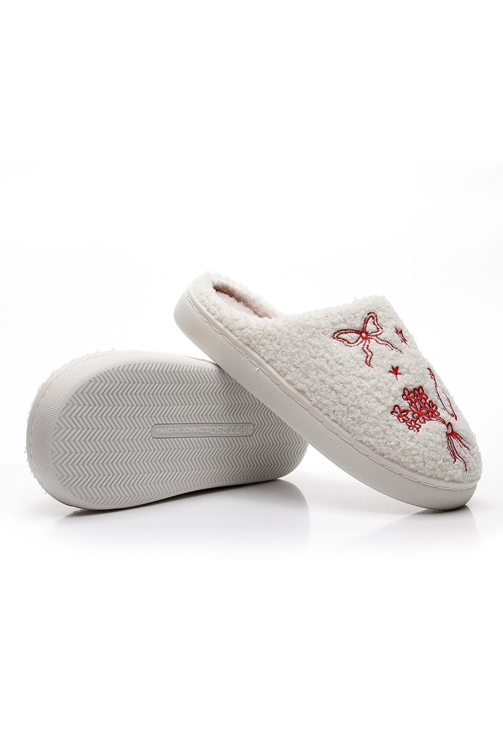 Fiery Red Plush Asymmetric Wedding Doodles Embroidered Slippers