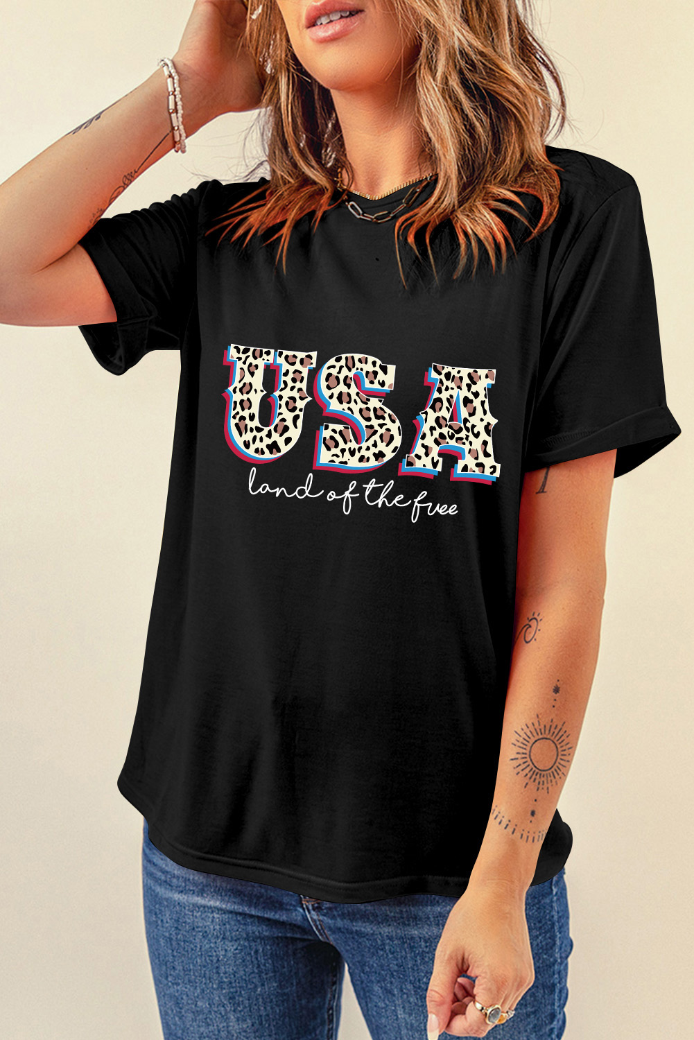 Gray Blooming USA Flag Print Casual T Shirt