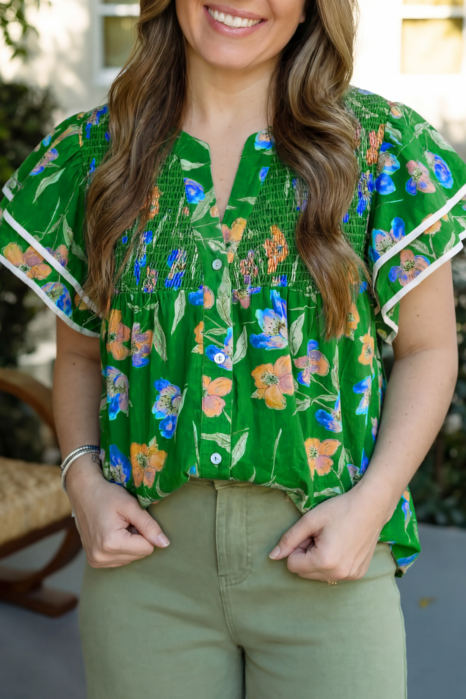 Green Plus Size Ruffled Short Sleeve Floral Top