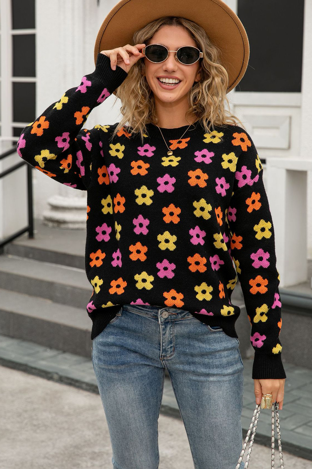Apricot Cute Flower Allover Ribbed Trimmed Drop Shoulder Pullover Sweater