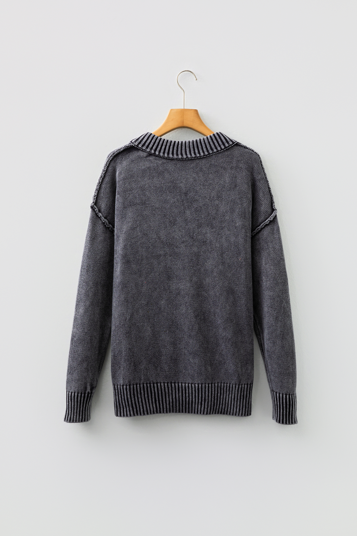 Four Leaf Clover Mineral Wash V Neck Knit Exposed Seam Drop Shoulder Loose Sweater