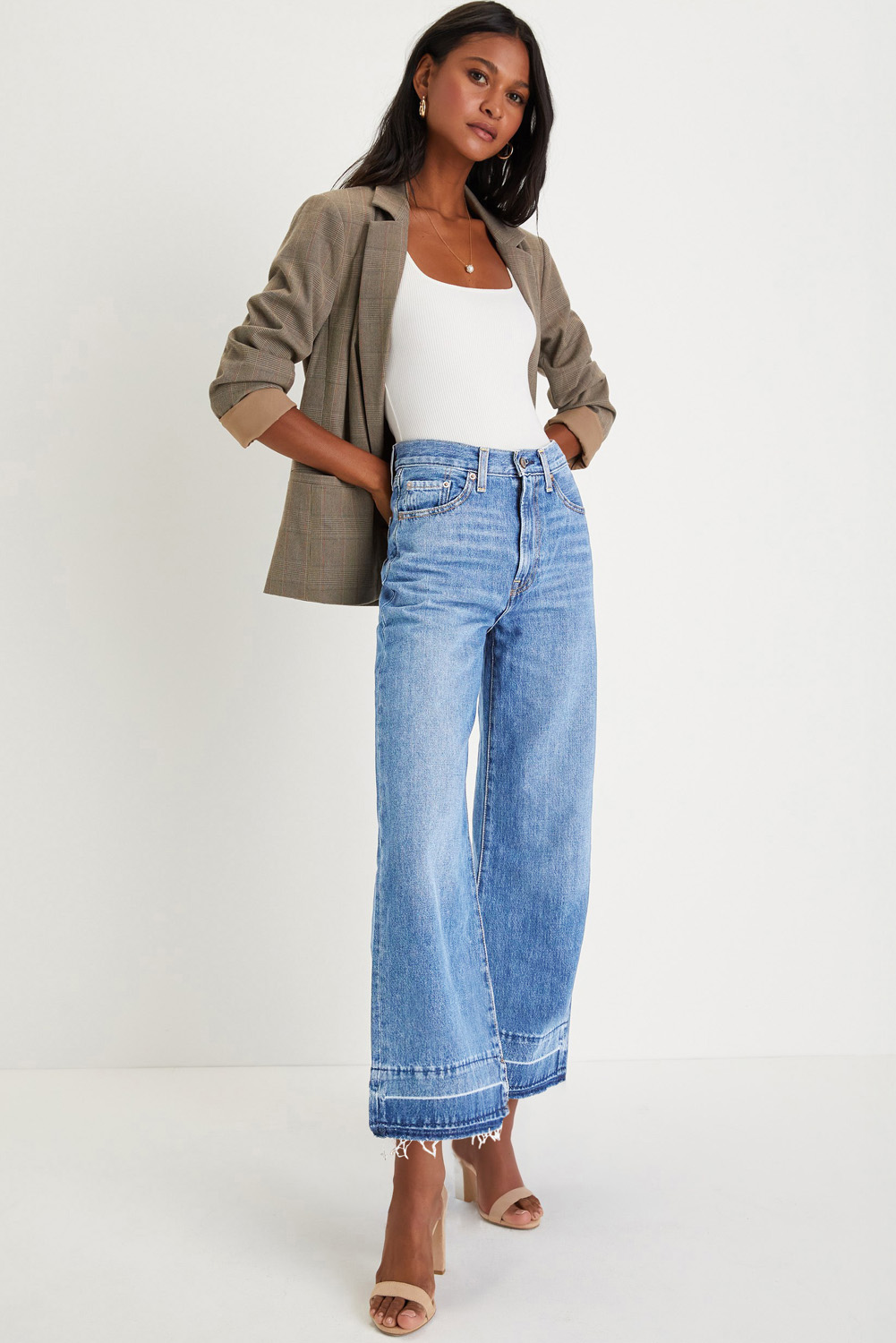 Gray Raw Hem Straight Leg Loose High Waist Jeans