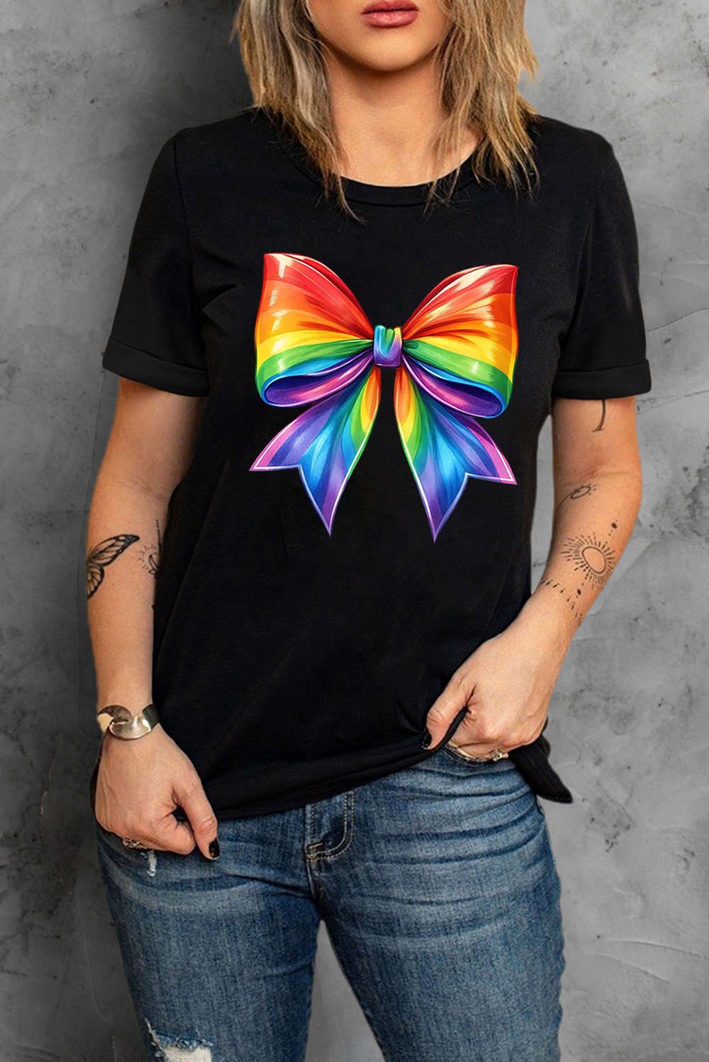 Black Pride Bow Graphic Round Neck T Shirt