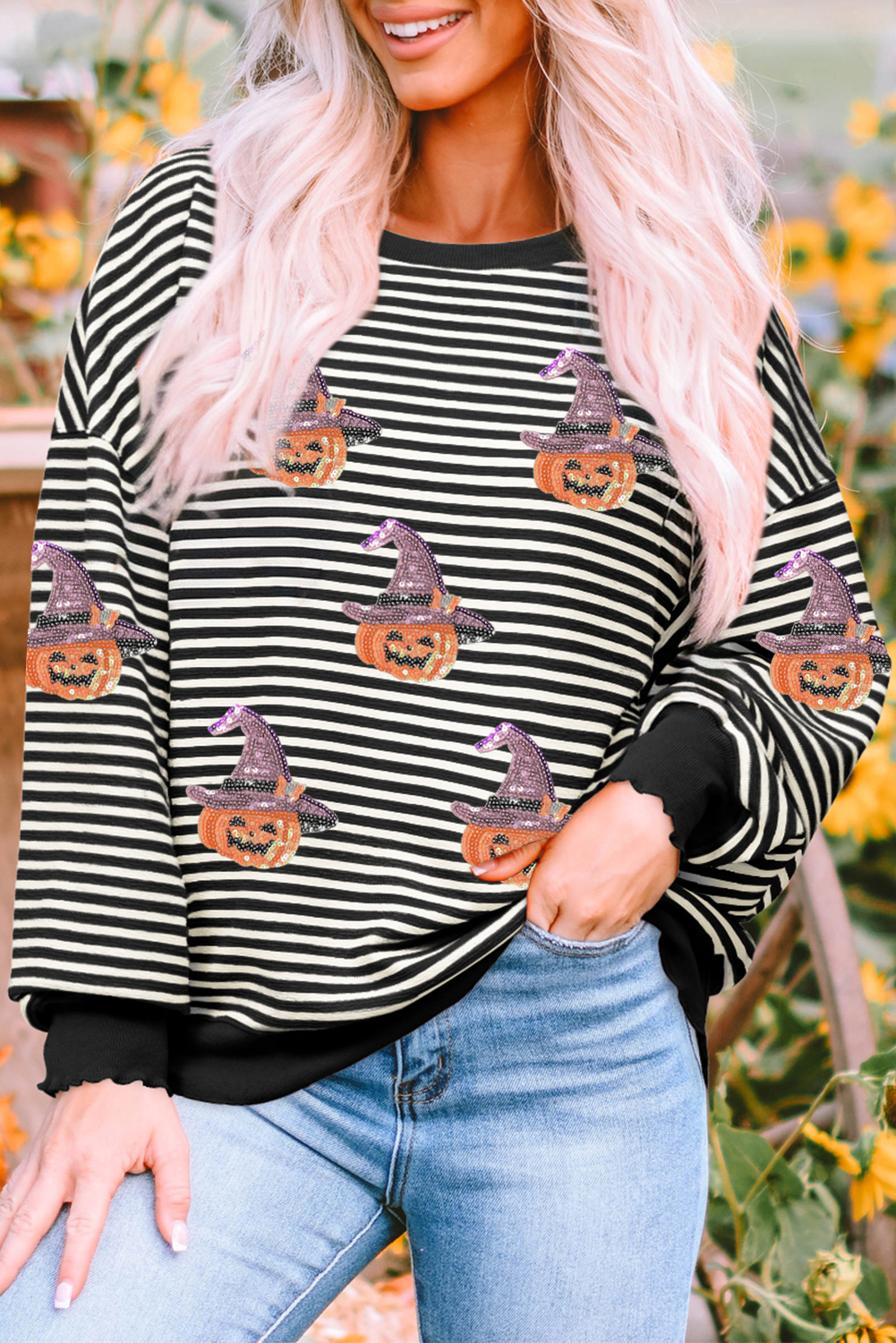 Black Stripe Halloween Pumpkin Shimmer Pattern Casual Top