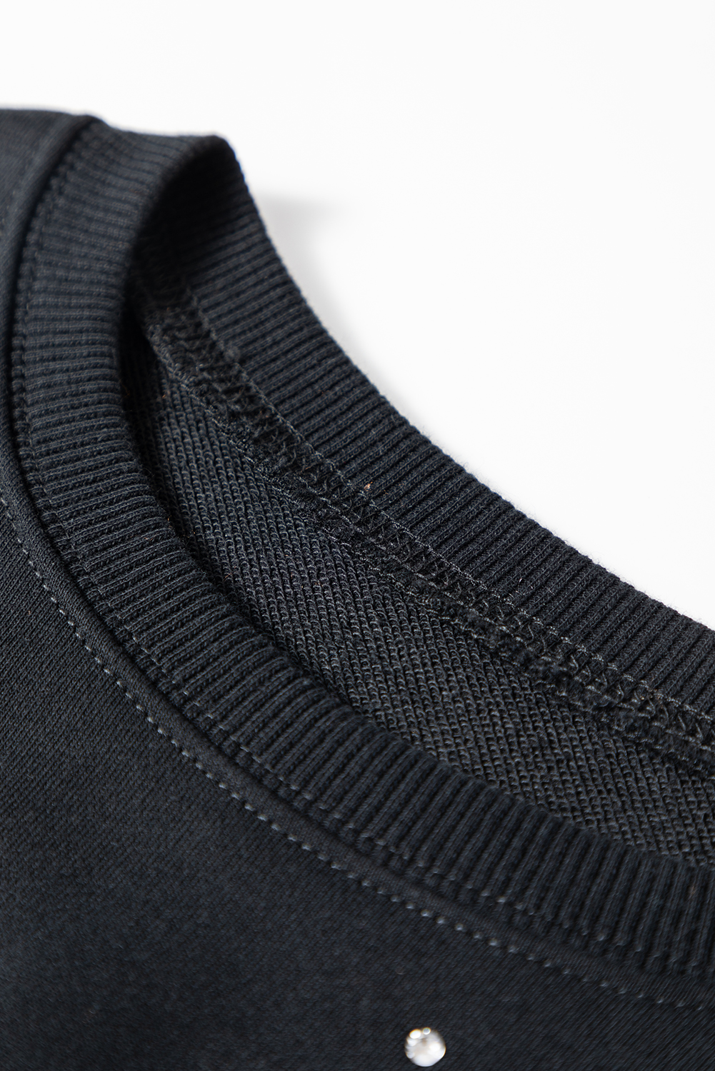Black Rhinestone Embellished Drop Shoulder Ribbed Cuffs Wholesale Sweatshirt