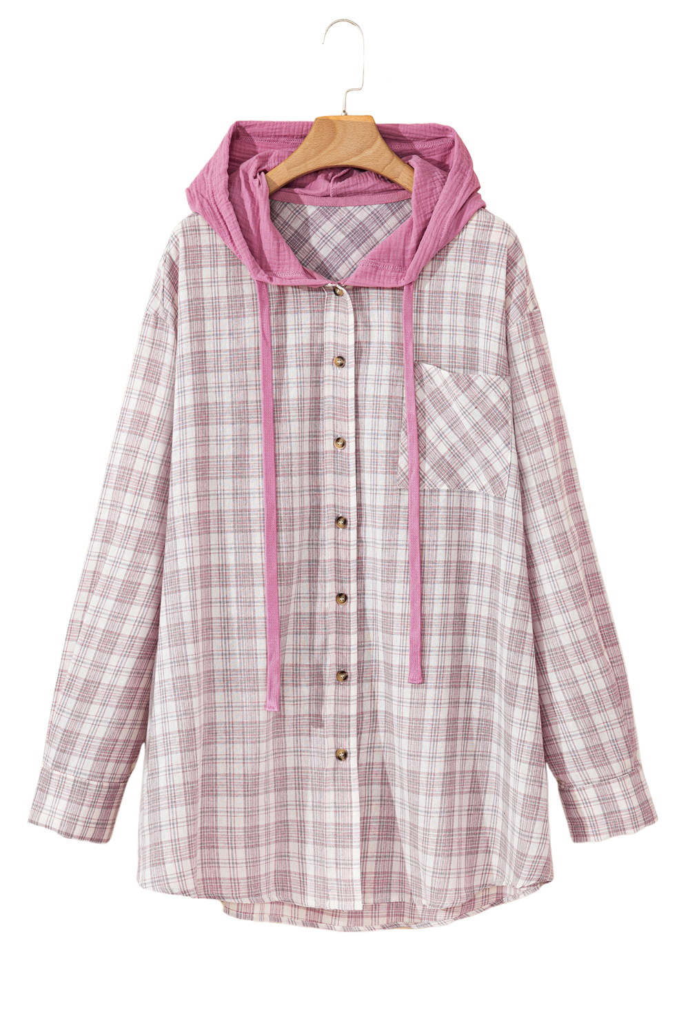 Khaki Checkered Print Loose Fit Buttoned Hooded Shacket