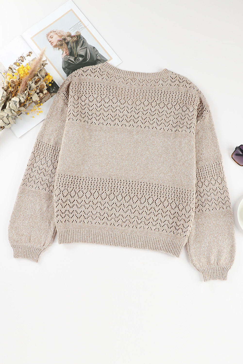 Sky Blue Eyelet Pattern Detail V Neck Drop Shoulder Sweater