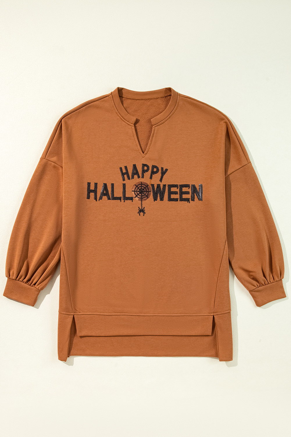 Medium Grey Sequin Happy Halloween Graphic Notched Neck Long Sleeve Loose Top