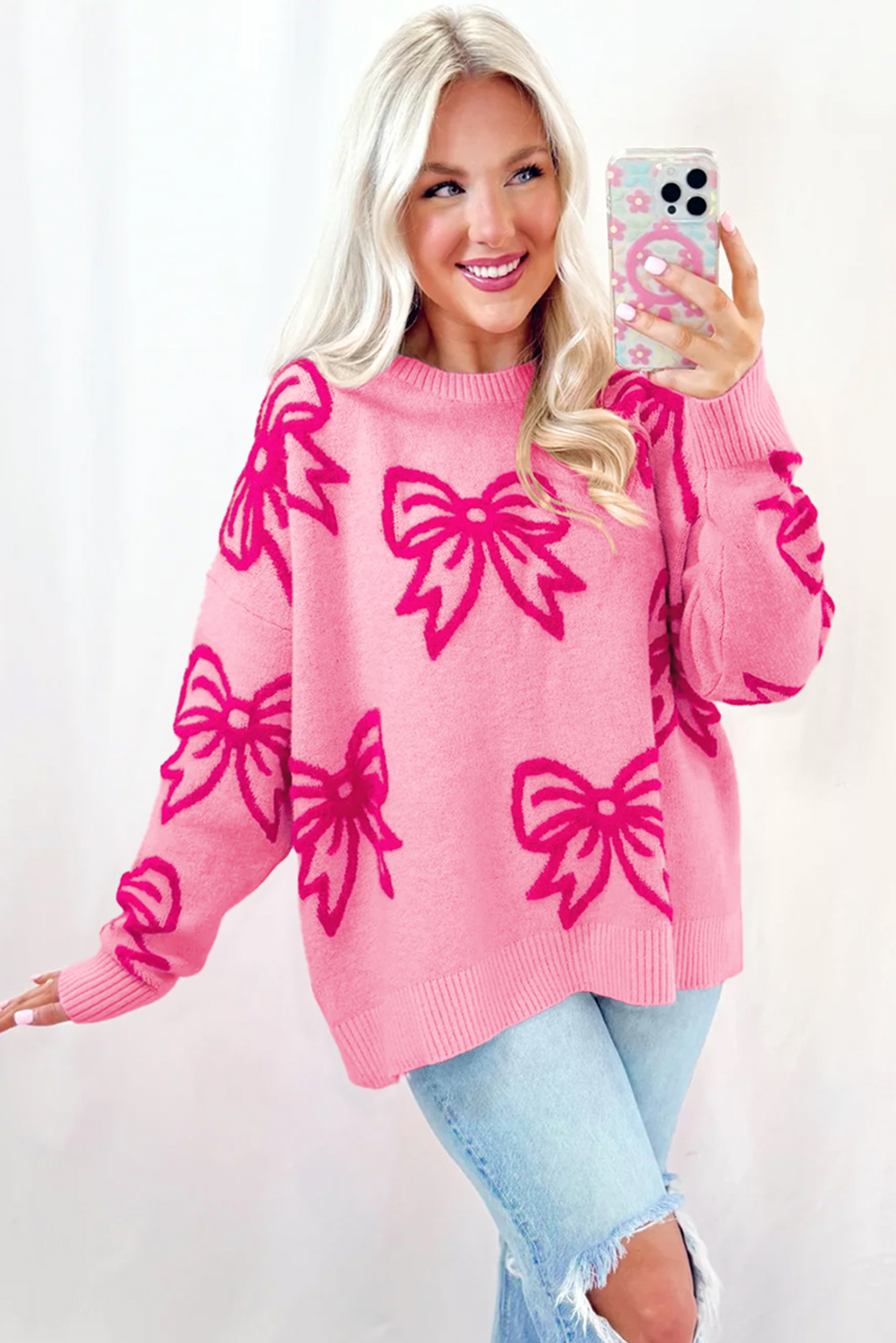 Golden Fleece Bow Pattern Drop Shoulder Loose Sweater