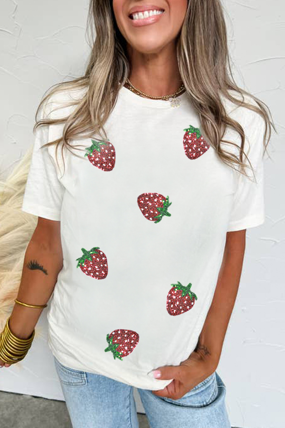 White Sequin Bow Strawberry Graphic Crew Neck T Shirt