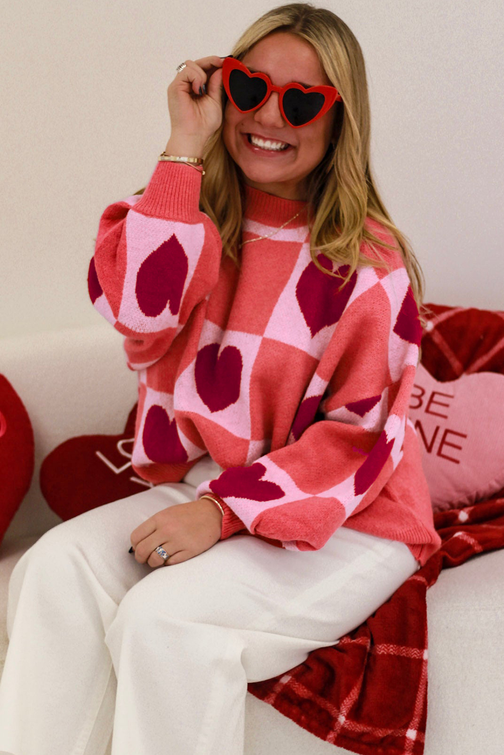 Pink Love Heart Checkered Valentine Crew Neck Sweater