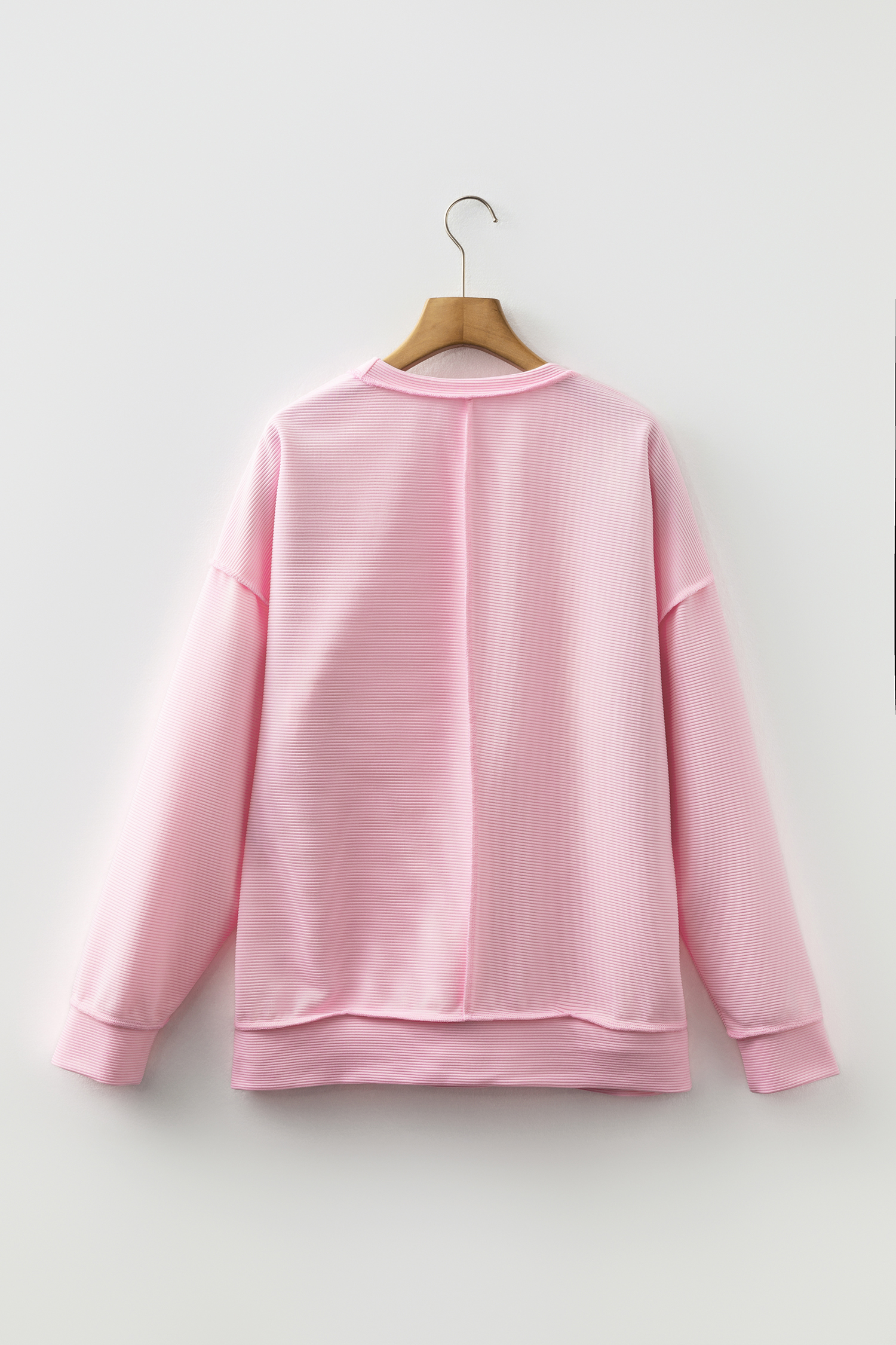 Pink Exposed Seam Ribbed Texture Sequin Love Cake Bow Graphic Long Sleeve Top