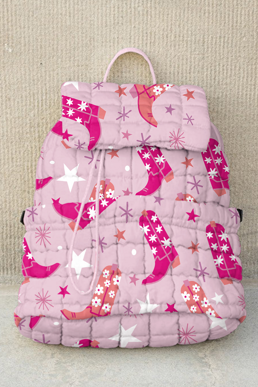 Pink Western Boots Stars Print Quilted Flap Large Backpack