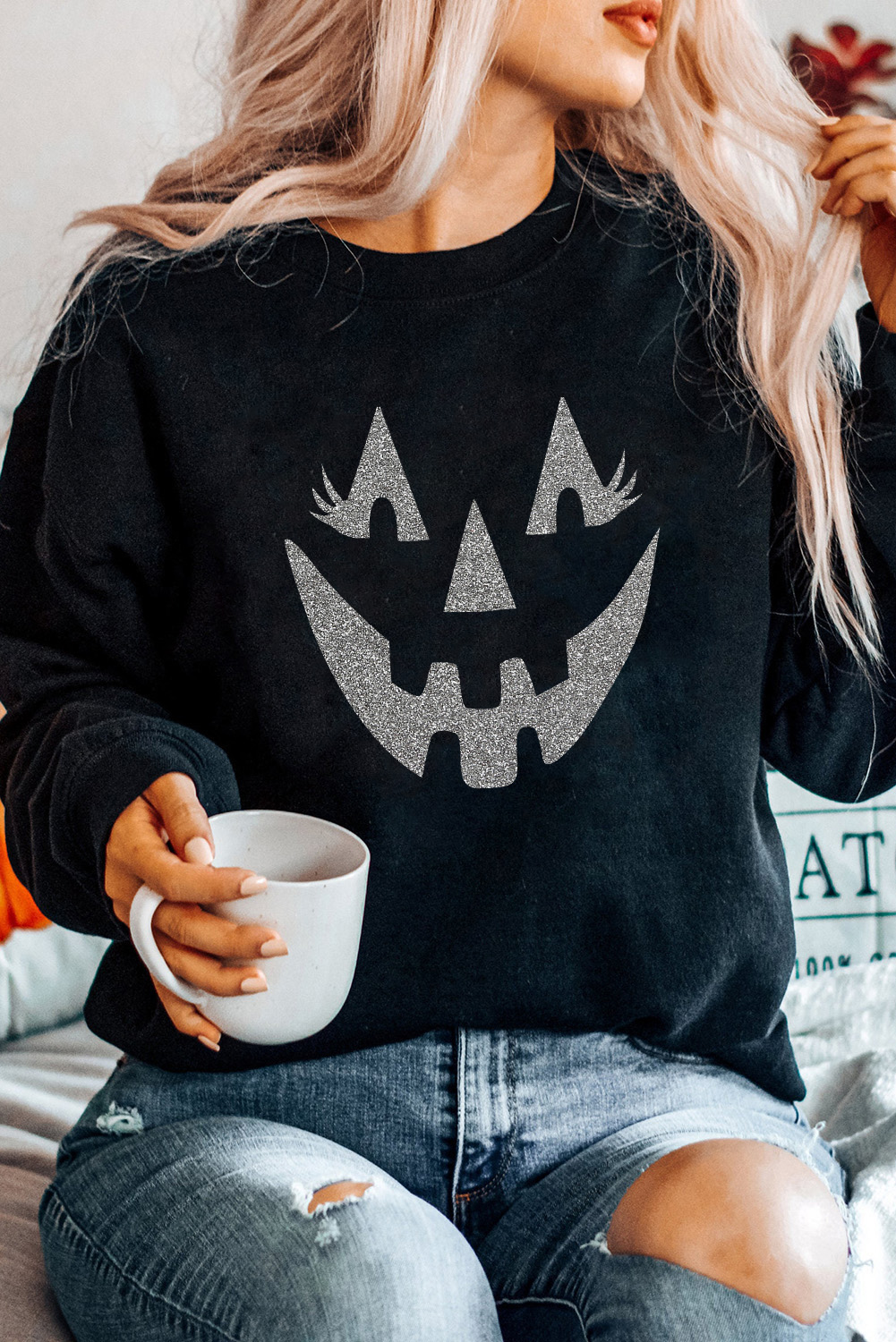 Black Spooky Face Printed Halloween Fashion Baggy Sweatshirt