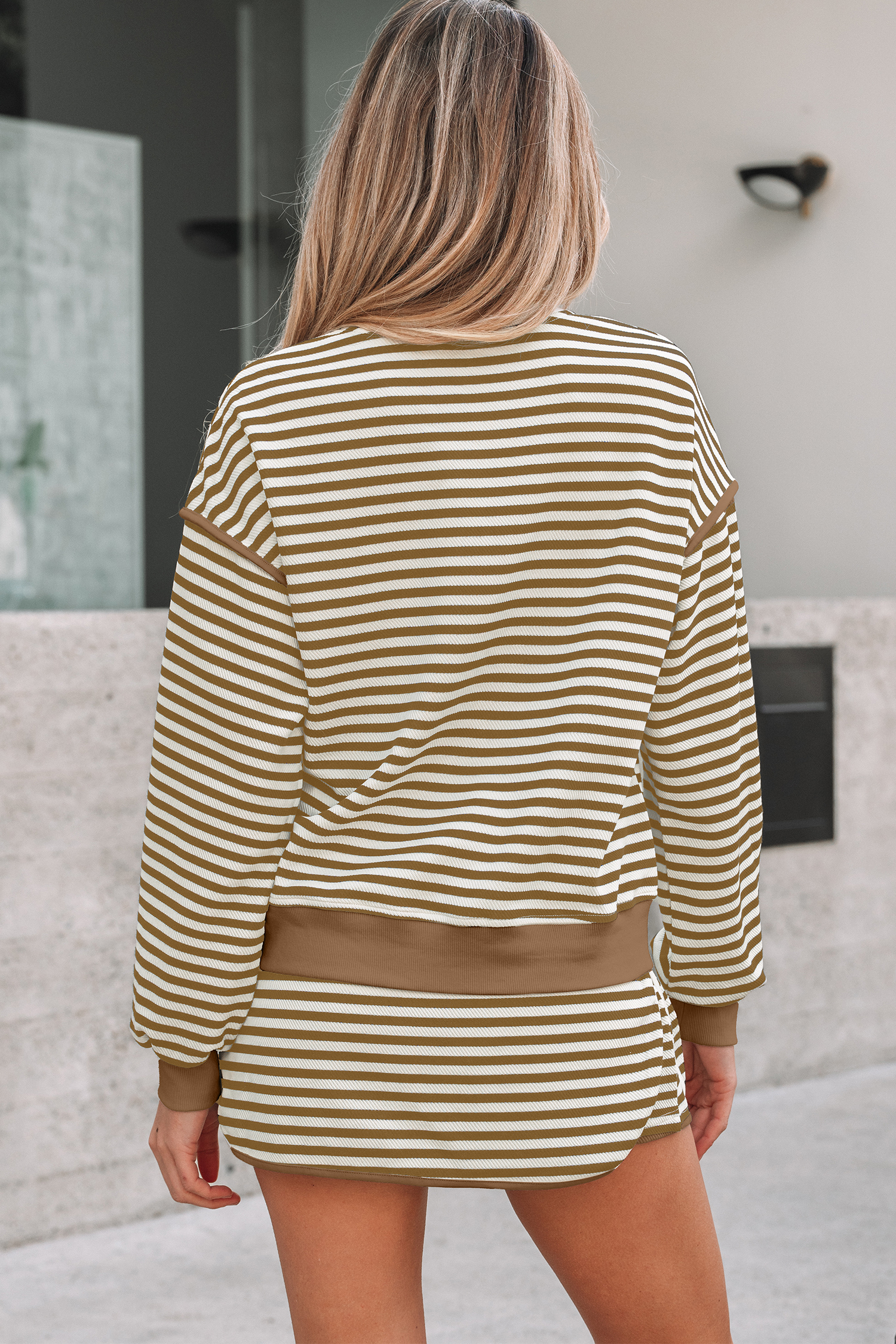Black Stripe Textured Drop Shoulder Pullover Top Drawstring Mini Skort Two Piece Dress Set