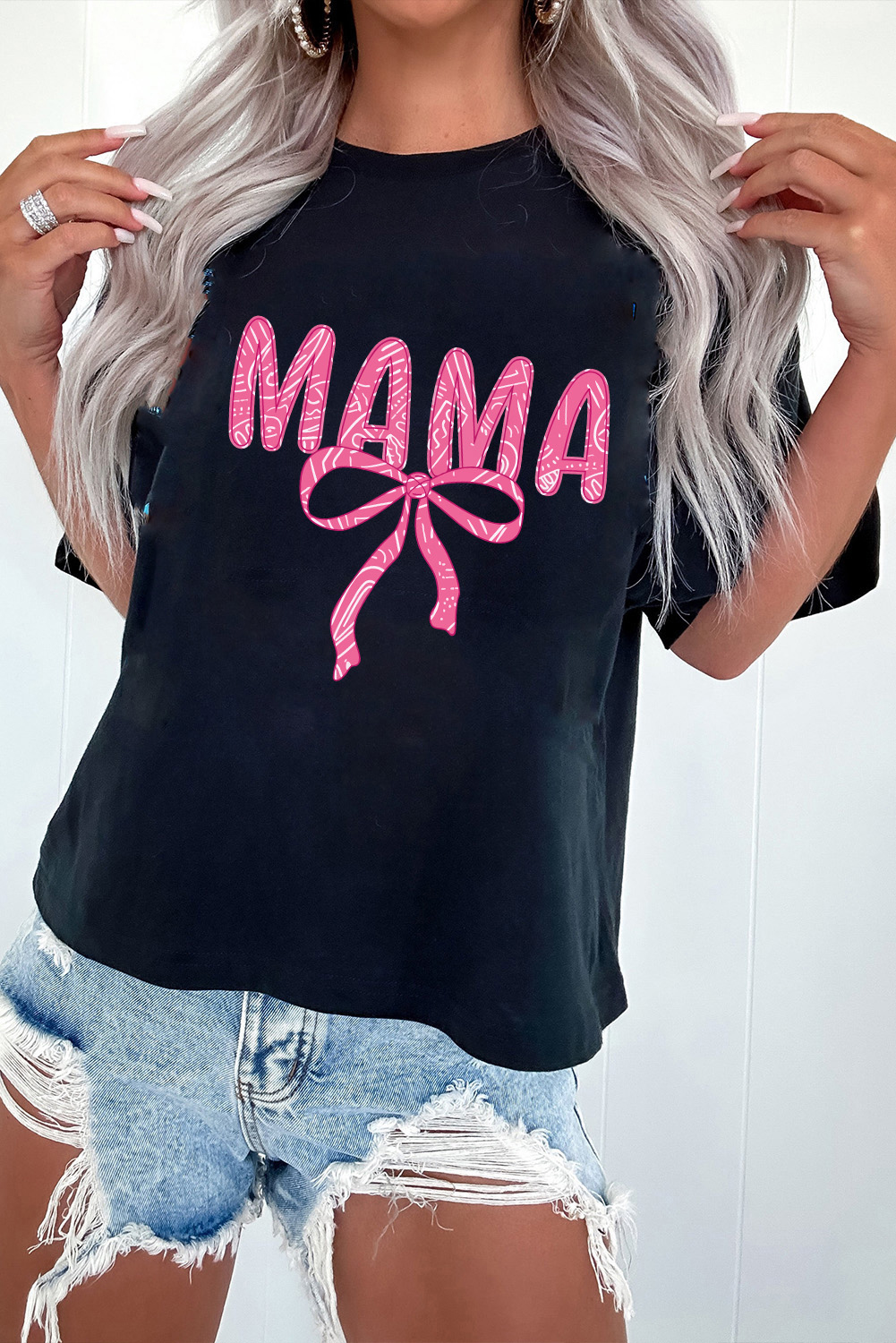 Black MAMA Ribbon Bowknot Graphic Crewneck T Shirt