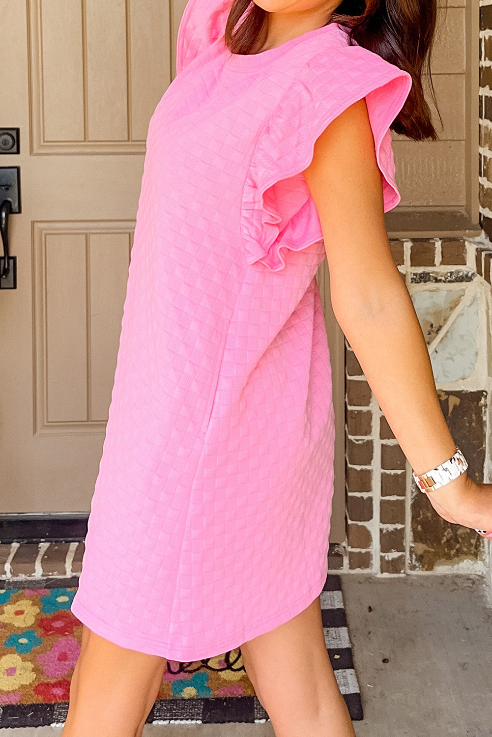 Pink Textured Ruffled Sleeve Shift Summer Dress with Pockets
