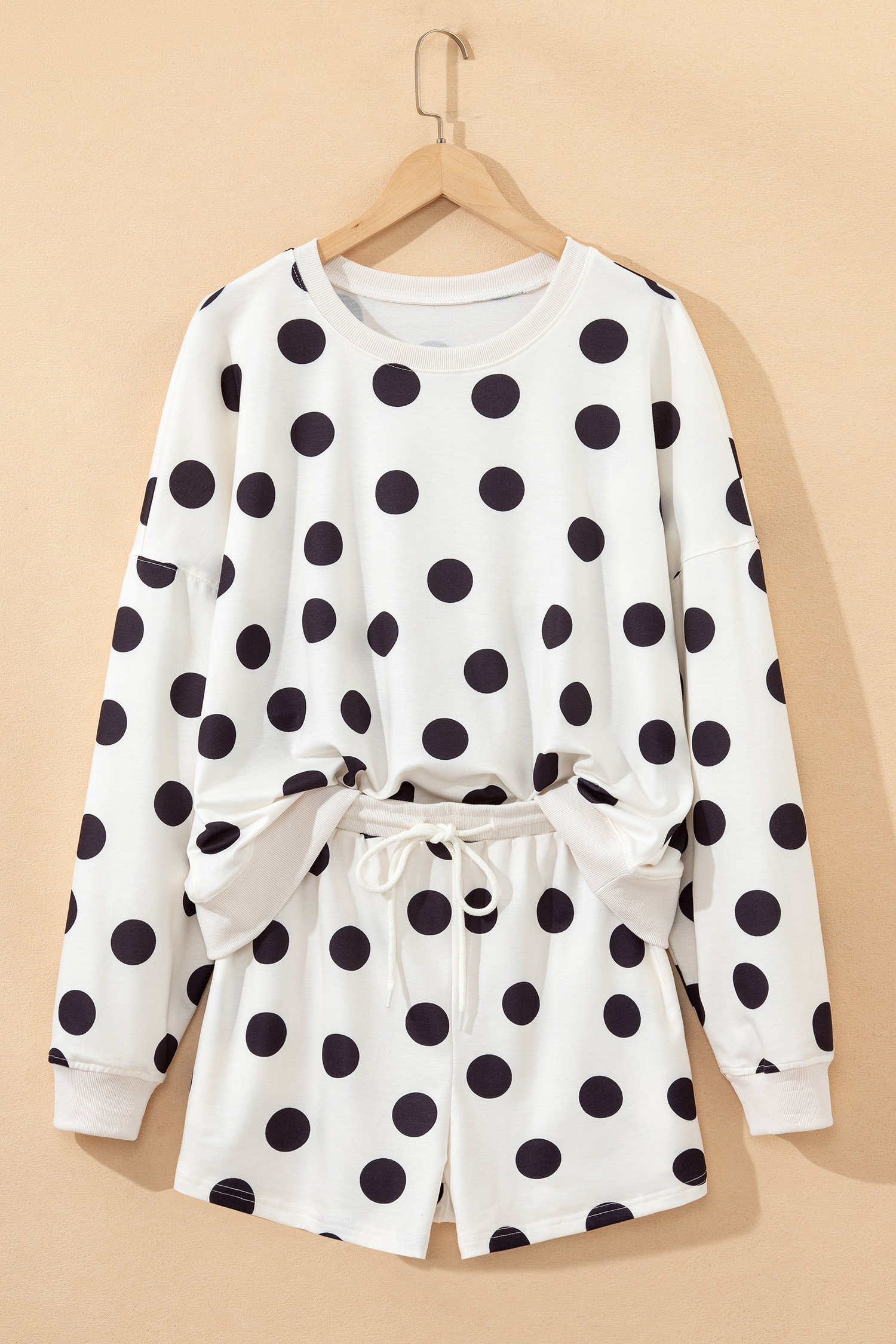 Beige Polka Dot Print Drop Shoulder Pullover Drawstring Jogger Pant Set