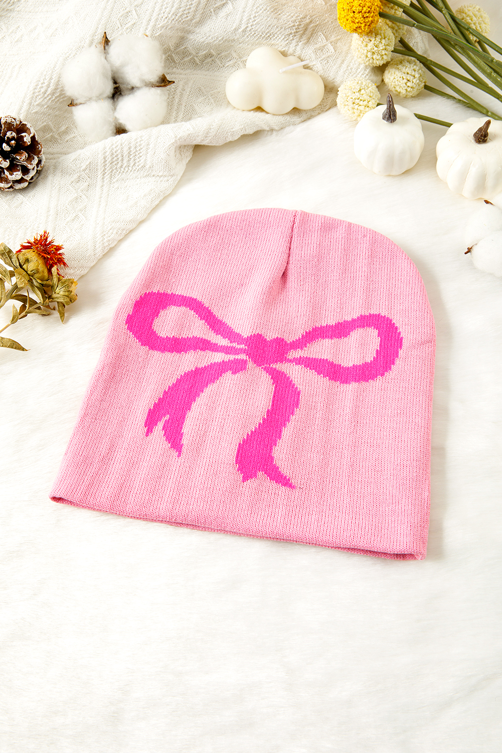 Pink Ribbon Bow Print Soft Knit Beanie