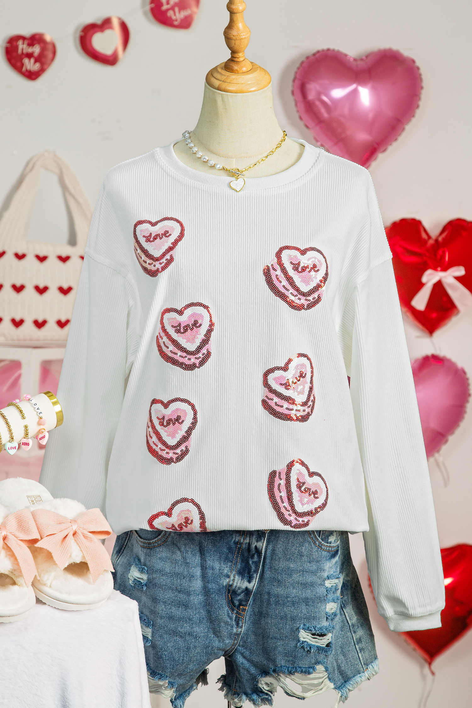 White Sequin Love Heart Pattern Corded Valentines Sweatshirt