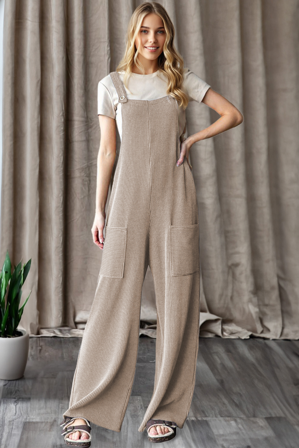 Dark Grey Ribbed Knit Patched Pocket Wide Leg Overalls
