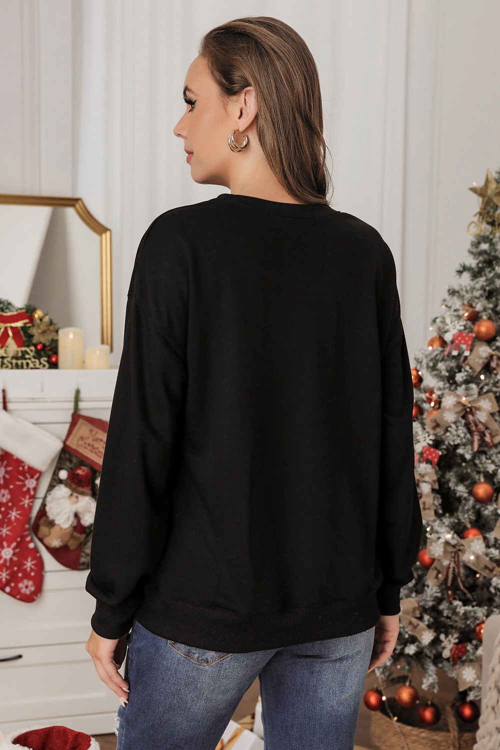 Black Christmas Candy Cane Sequin Patch Baggy Sweatshirt