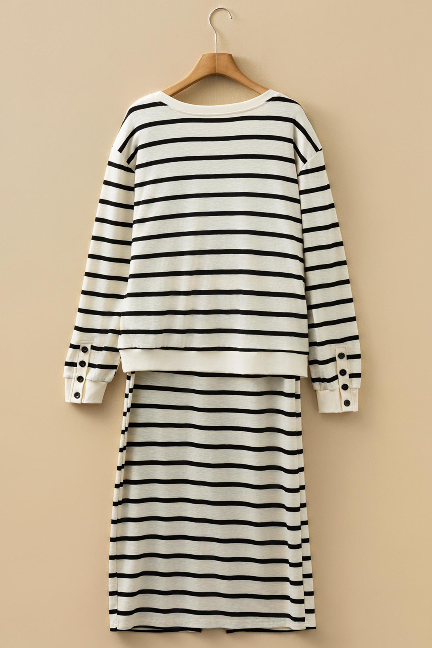 Black Stripe Ribbed Trim Button Cuff Long Sleeve Top Midi Skirt 2pcs Outfit