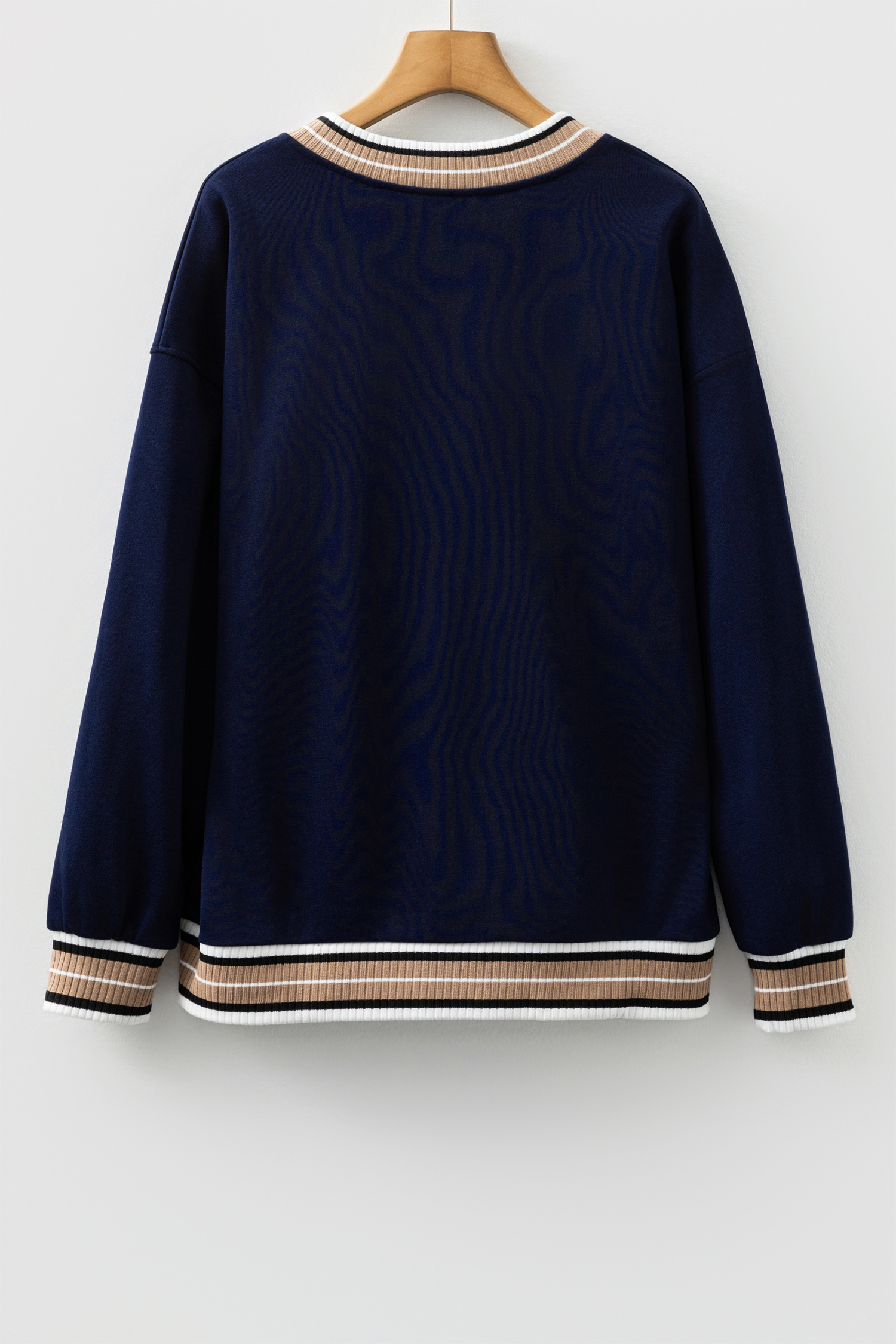 Gray Varsity Contrast Striped Trim V Neck Sweatshirt