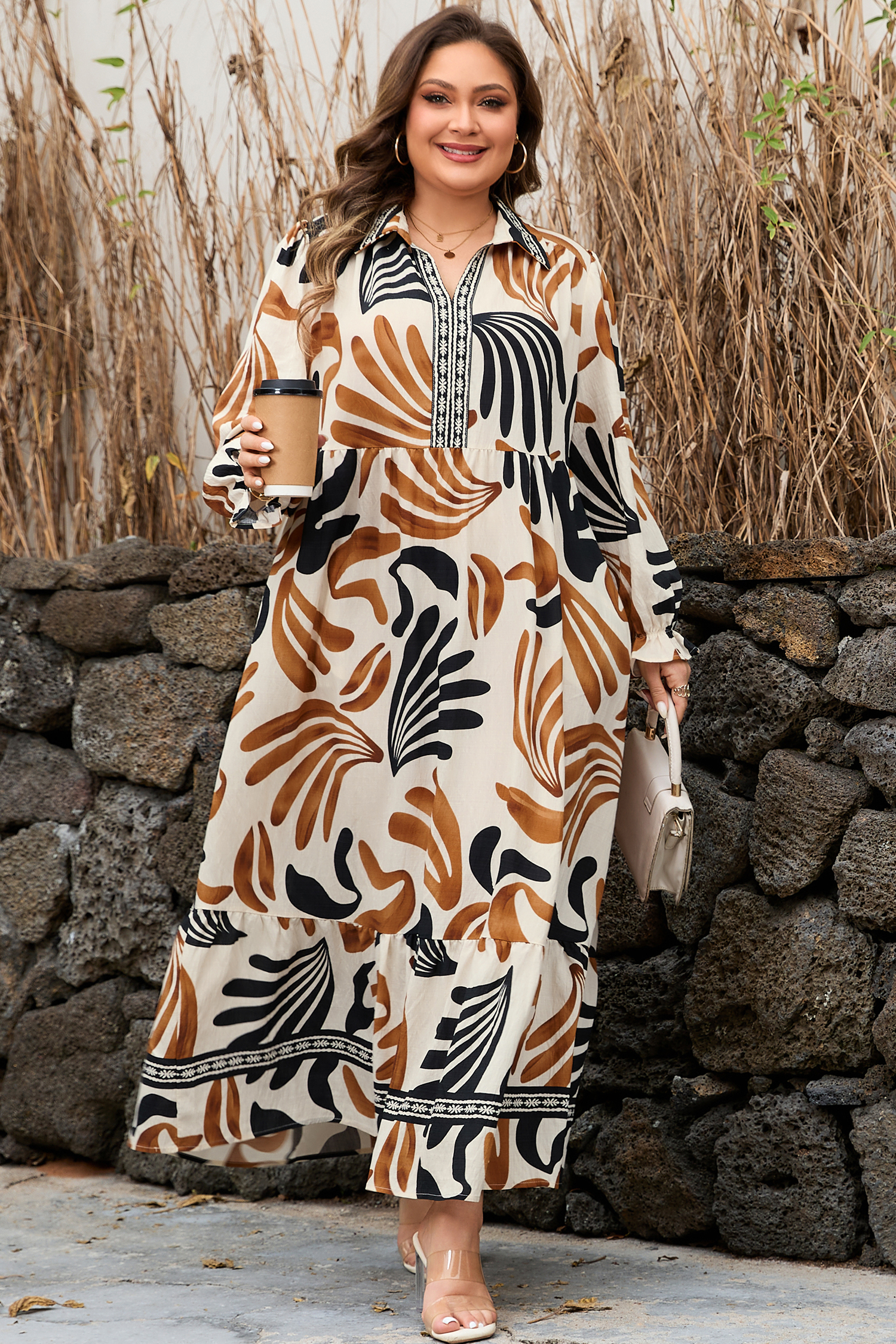 Brown Tropical Printed Contrast Trim Neck Long Sleeve Ruffle Hem Dress