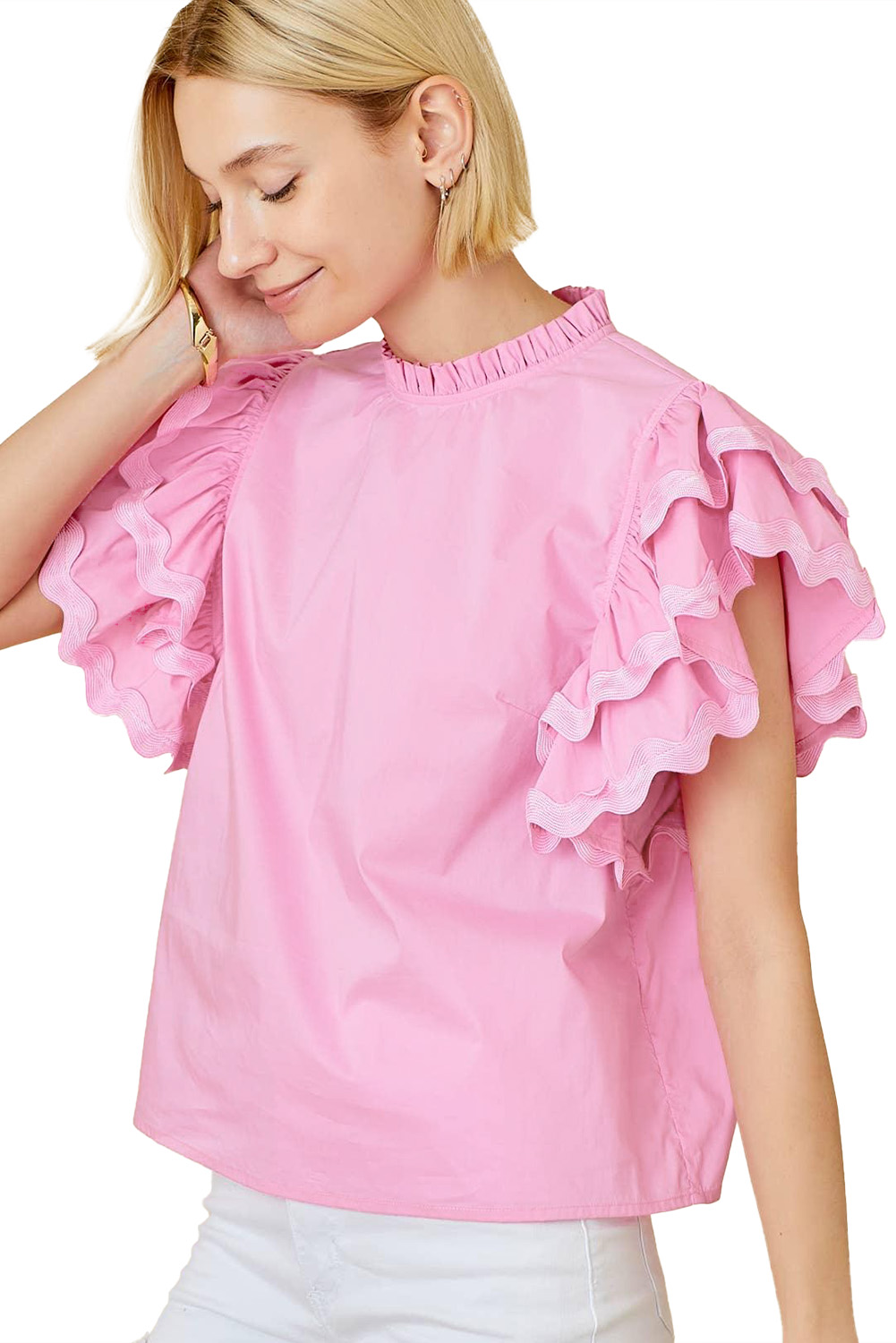 Bonbon Ricrac Ruffled Sleeve Frilled Collar Blouse