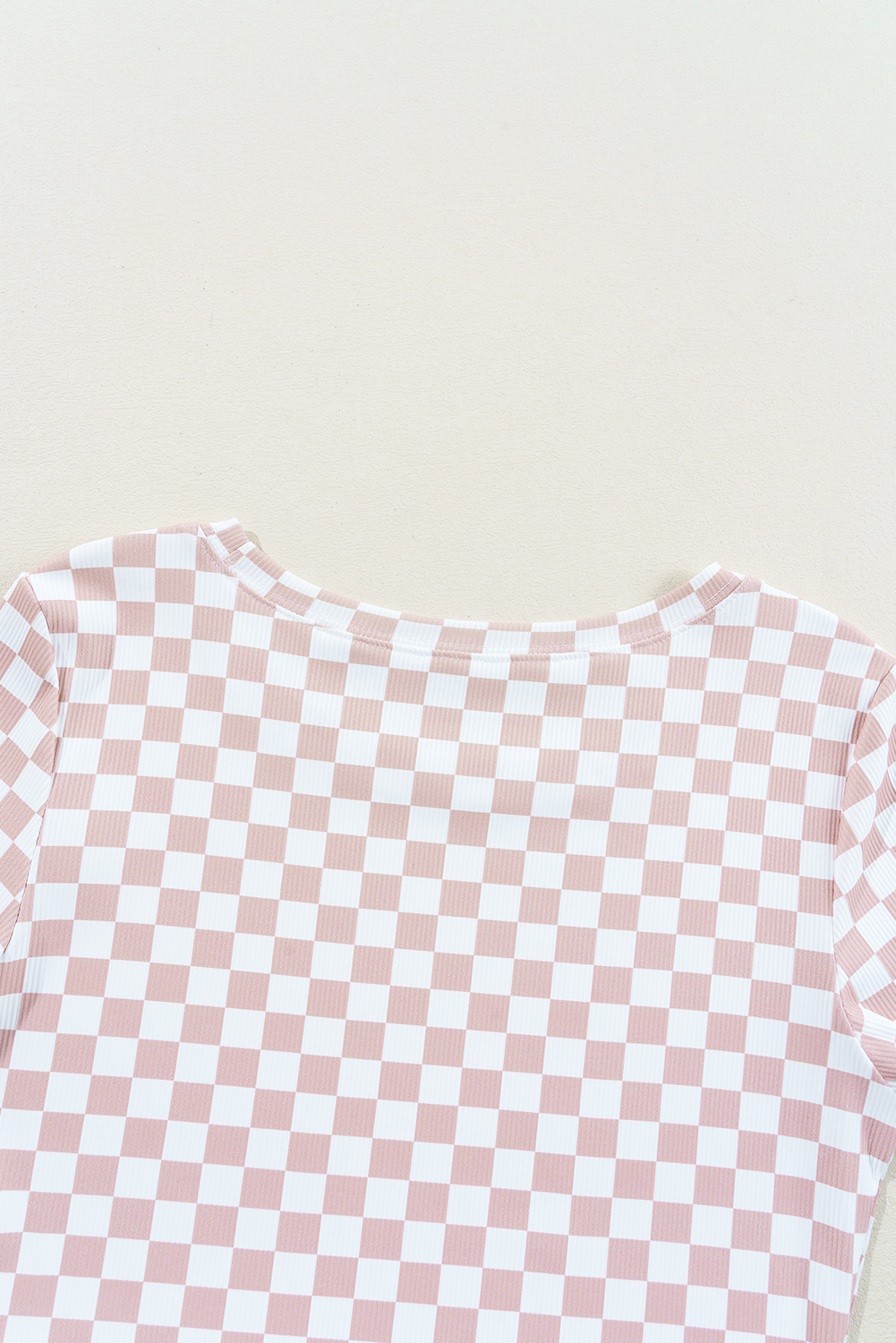 Pink Checkered Ribbed Slim Fit Crew Neck T Shirt