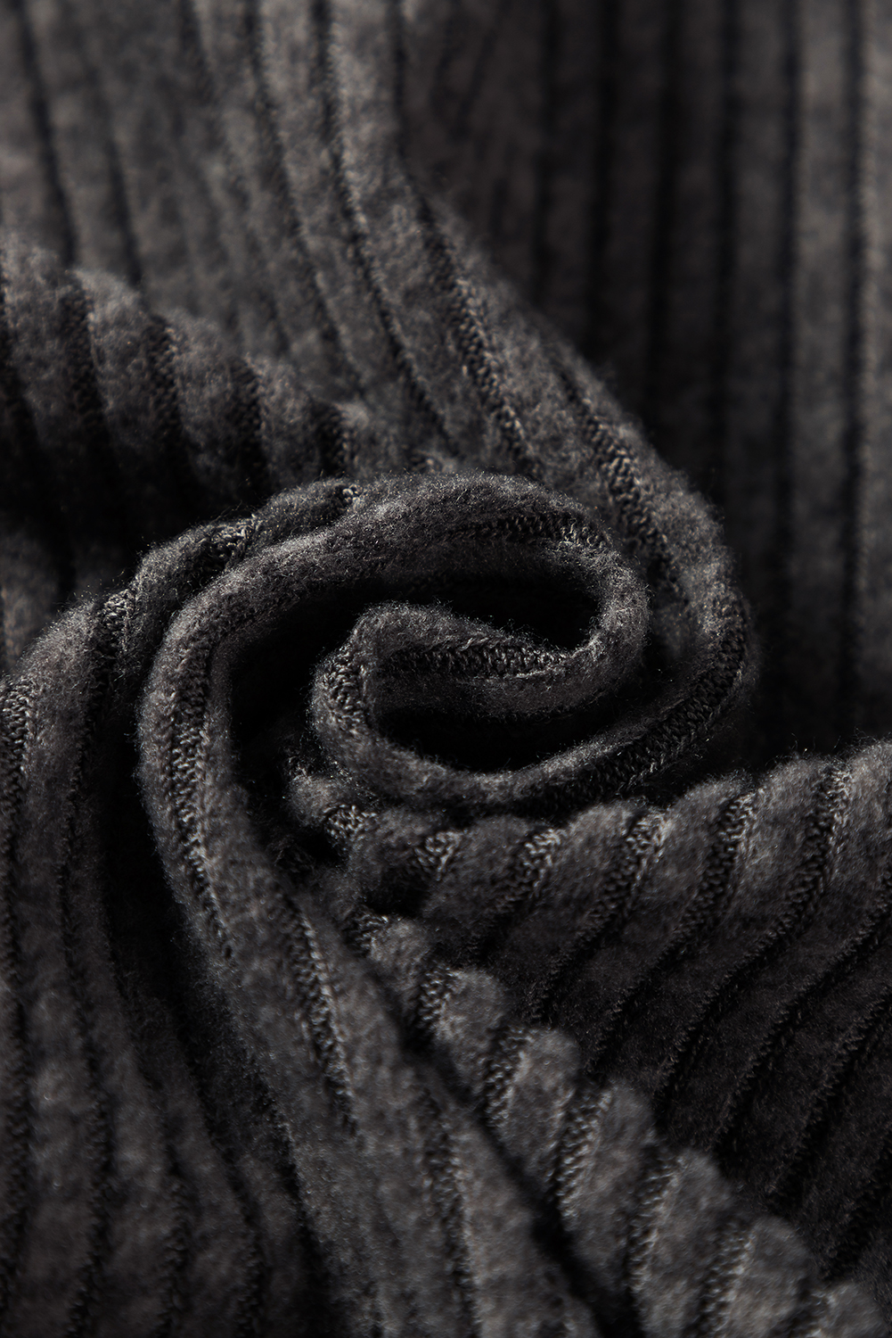 Dark Grey Ribbed Zip Up Front Drawstring Hoodie