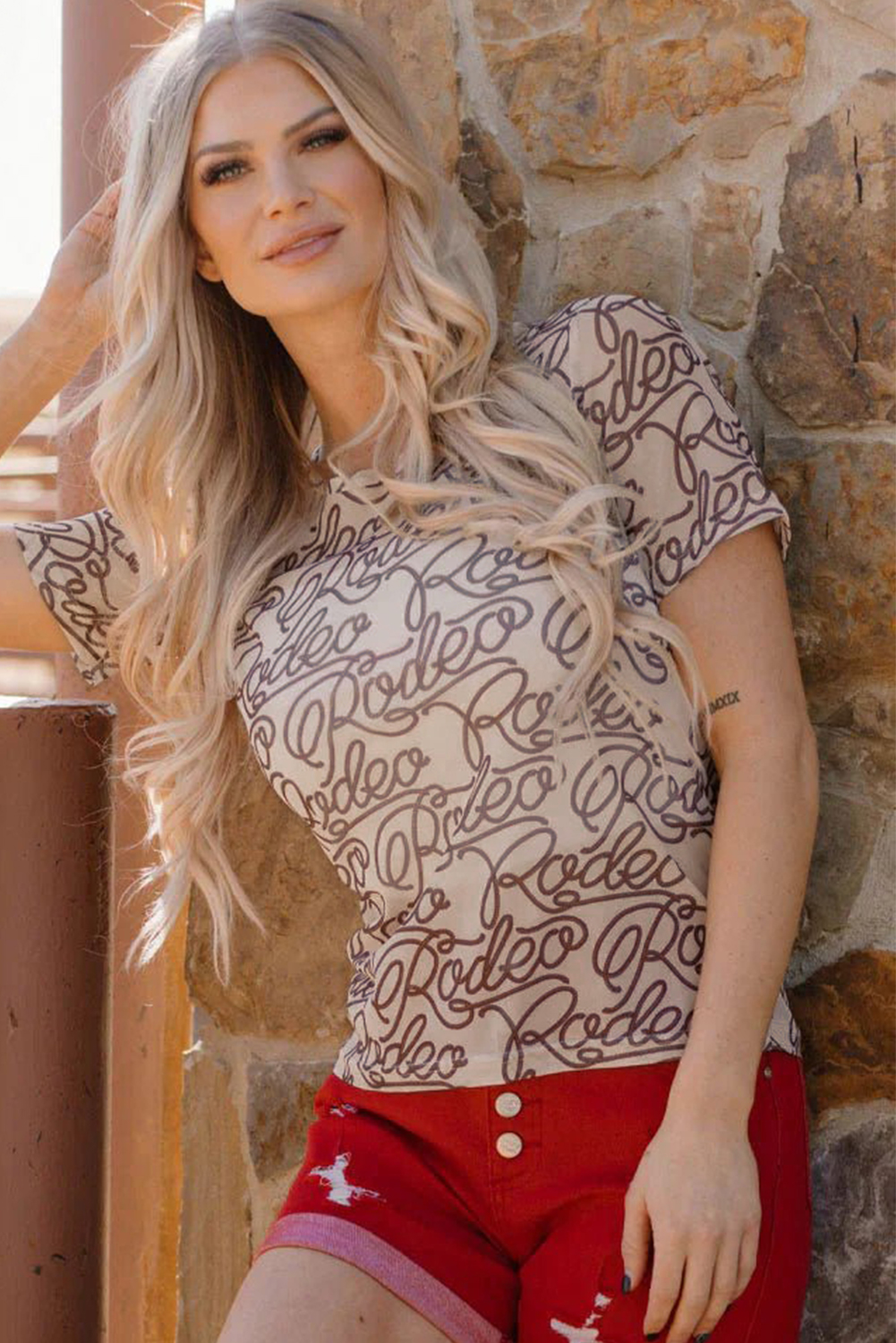 Brown Rodeo Print Round Neck Slim Fit Mesh T Shirt