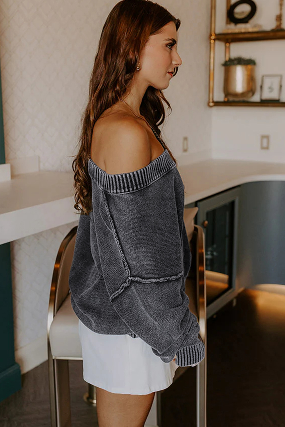 Four Leaf Clover Mineral Wash V Neck Knit Exposed Seam Drop Shoulder Loose Sweater