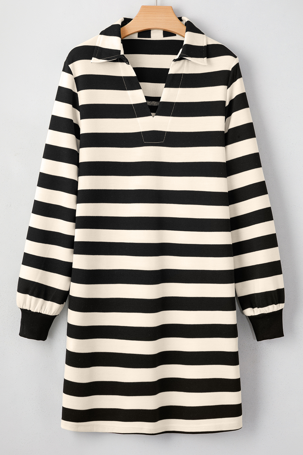 Khaki Stripe Collared V Neck Long Sleeve Loose Casual Dress