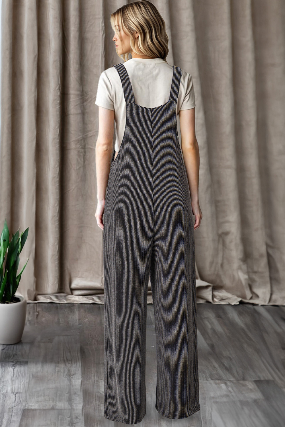 Dark Grey Ribbed Knit Patched Pocket Wide Leg Overalls