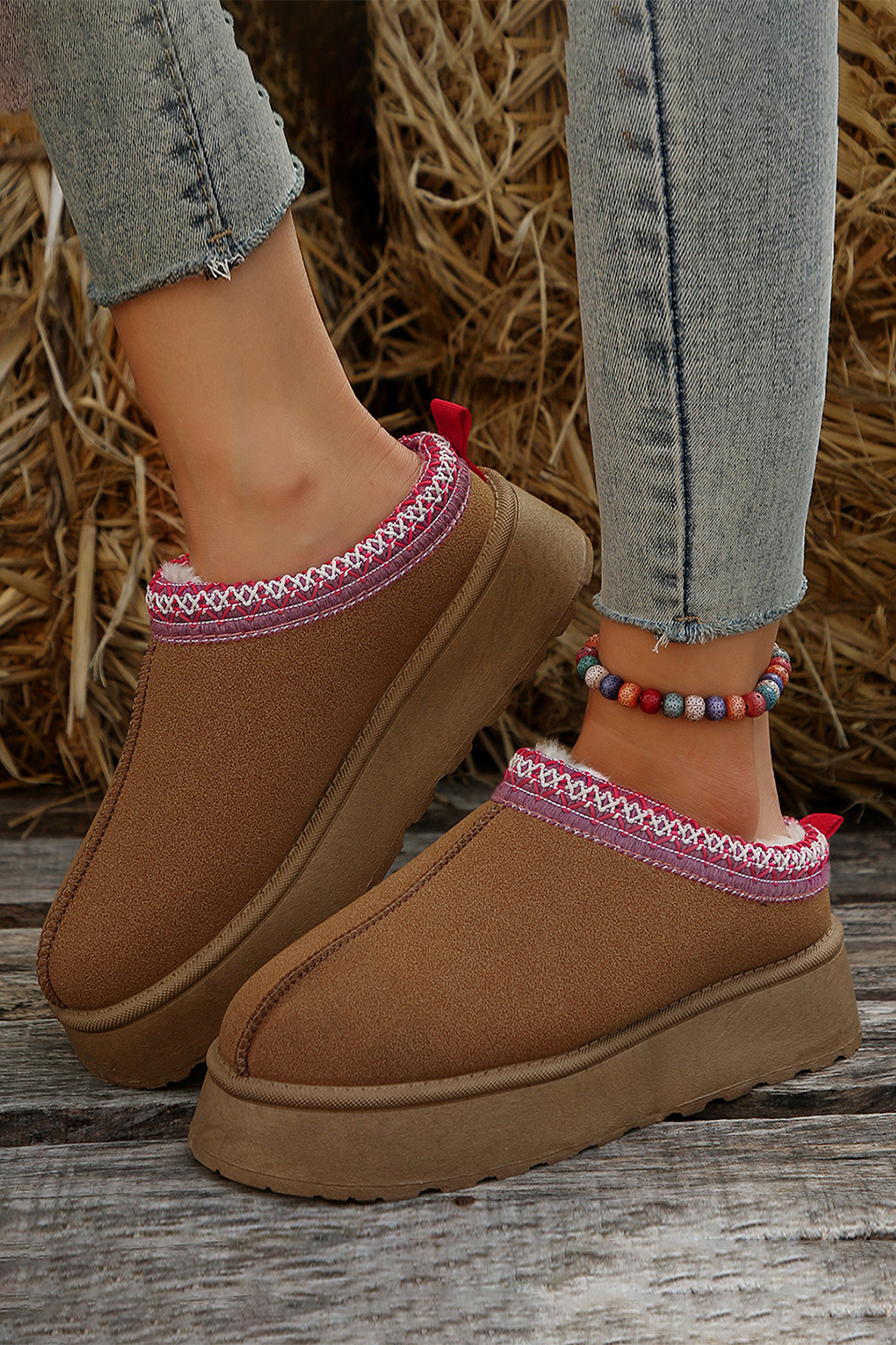 Chestnut Contrast Print Suede Plush Lined Snow Boots