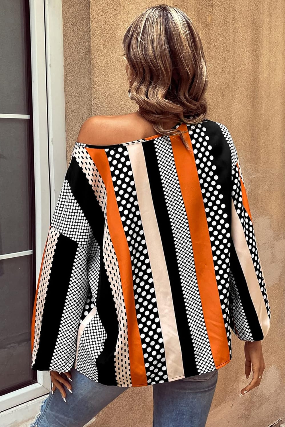 Black Striped Polka Dot Print Ruffled Hem V Neck Mini Dress