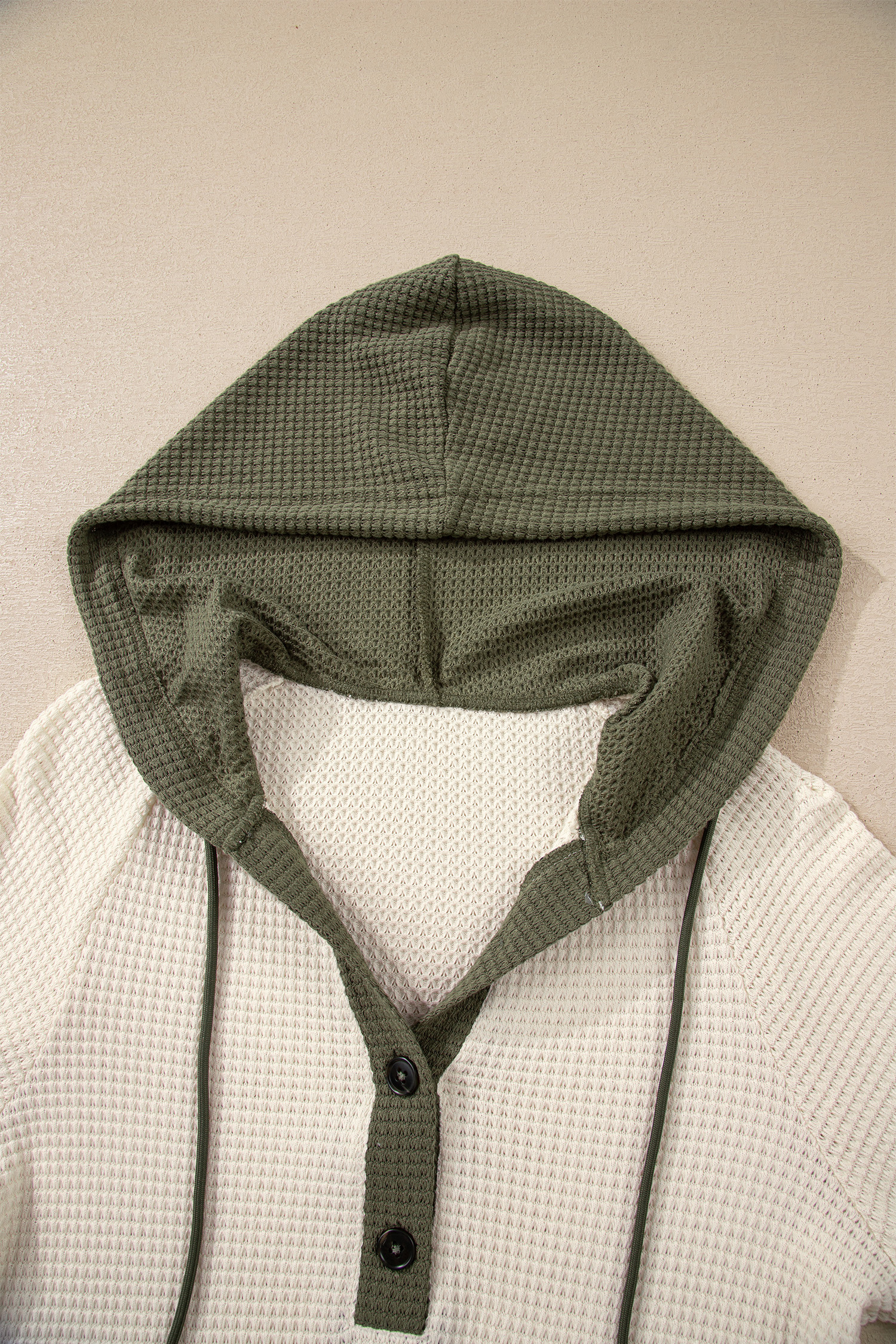 Coffee Waffle Contrast Half Buttoned Hooded Pullover Top