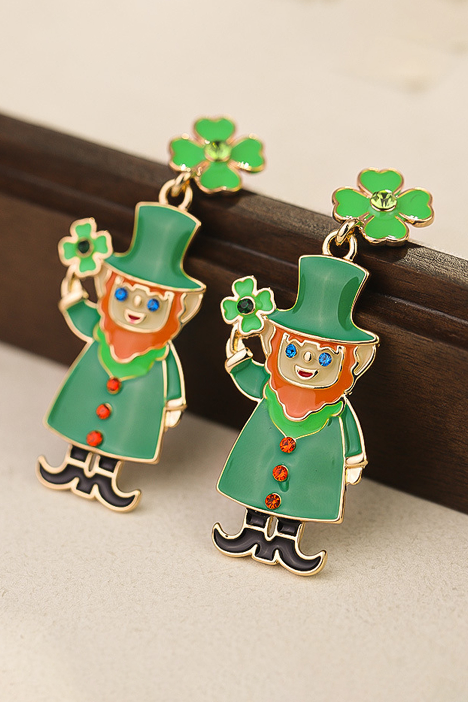 Dark Green St Patricks Day Enameled Leprechaun Drop Earrings