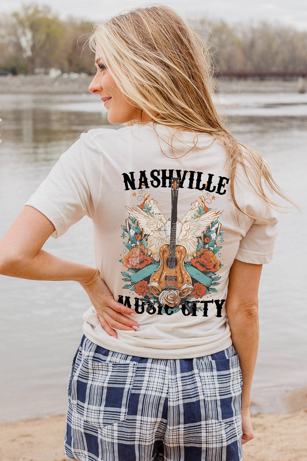 White NASHVILLE MUSIC CITY Guitar Wings Graphic Tee